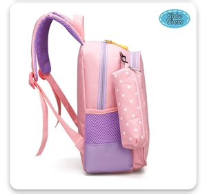 Detailed side view of pink children schoolbag with mesh pocket and star zipper pouch