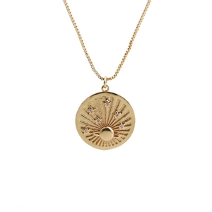 Golden celestial pendant necklace featuring star and planet motifs with sparkling zircon