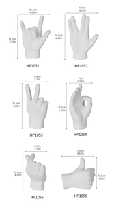 Detailed dimension guide for white ceramic hand gesture sculptures in various poses