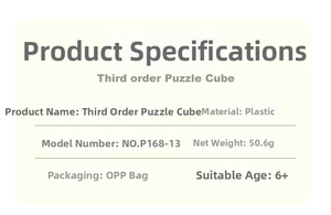 Detailed specifications for 3x3 speed cube with weight and material information
