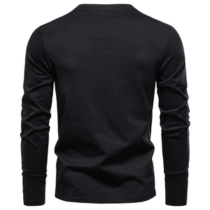 Back view of a slim-fit black cotton long-sleeved V-neck T-shirt for men in high quality