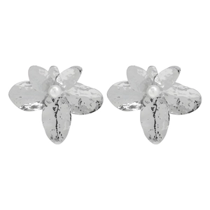 Hammered silver flower earrings with white pearl center on a clean white background