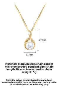Detailed view of gold fishtail necklace with pearl and micro-inlaid crystals