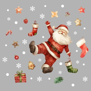 Watercolor Christmas wall stickers featuring Santa Claus, snowflakes, and festive gift boxes