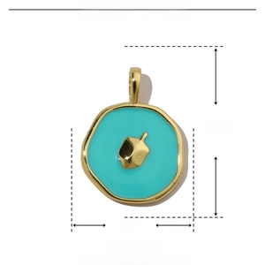 Technical size diagram of a 18mm x 13mm gold and teal enamel sea cross charm