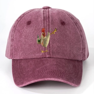 Vintage burgundy washed denim baseball cap featuring a humorous rooster drinking beer print