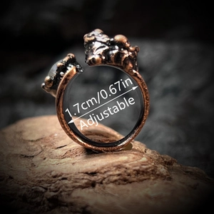 Vintage wide bronze ring with labradorite and red stone, adjustable open band style