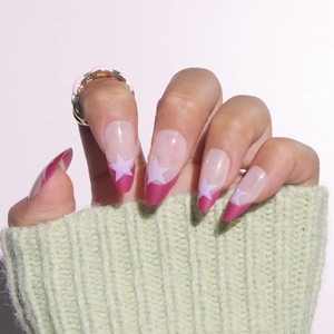 Press On Nails French Tip Star Pattern Long Almond Shape Glossy Full Cover Artificial Fake Finger Nails For Women