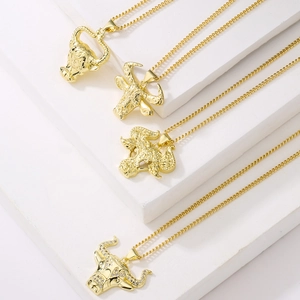 Set of 18K gold plated bull head pendant necklaces with punk hip hop style jewelry for women