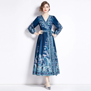 Navy V-neck paisley floral maxi dress with waist tie and long sleeves for early spring