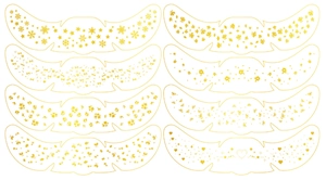 Detail showing 8 pairs of metallic gold freckle temporary tattoos with stars and floral patterns