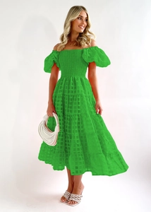 Detail of green off-shoulder puff sleeve dress with tiered ruffle hem and textured fabric