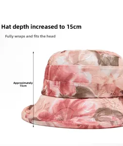 Detail view of the 15cm deep crown design on this floral embroidered sun hat