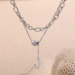 Double Layer Necklace Stainless Steel Geometric Bean Pendant Rectangular Tag Chunky Fine Chain Minimalist Women Jewelry
