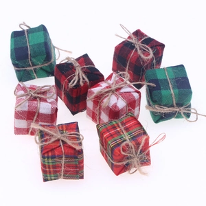 Assorted plaid cotton linen Christmas gift box ornaments with rustic hemp rope ties