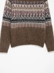 Detailed view of Fair Isle knit sweater showing soft mohair texture and geometric patterns