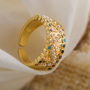 Ins style gold plated open ring with colorful zircon stones and pearls on beige fabric