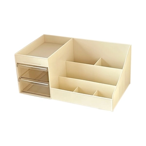 Multifunctional beige desktop organizer with two semi-transparent drawers and six compartments