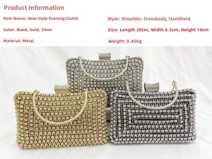 Detailed view of handmade crystal evening bags in gold, silver, and black with rhinestones