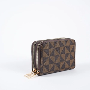 Brown accordion card wallet with geometric pattern and double zipper design