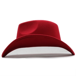 Front view of a classic red wide brim wool felt cowboy hat with structured crown