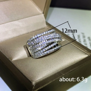 Exaggerated silver multi-layer crisscross ring with micro-pave zircons 12mm width