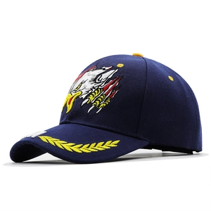 Navy blue baseball cap featuring detailed eagle embroidery and yellow laurel leaf brim