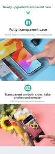 Detail showing highly transparent waterproof phone bag with touch-screen and photo functions