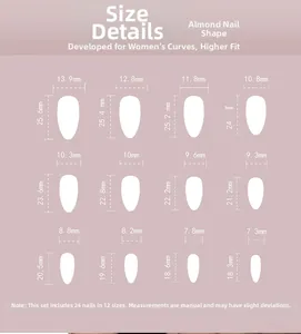 Guide des tailles détaillé pour ongles amande montrant 12 dimensions et mesures précises