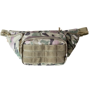 Macro detail of multi-terrain camo tactical waist bag with MOLLE webbing and buckles