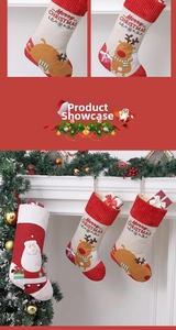 Detail of Christmas stocking featuring Santa applique embroidery on beige linen and red corduroy