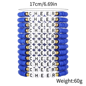 Set of 12 blue and white clay bead bracelets with CHEER letter beads and gold accents