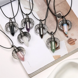 Vintage Copper Crescent Moon Natural Stone Hexagonal Column Pendant Necklace Retro Bohemian Jewelry For Unisex Daily Accessory