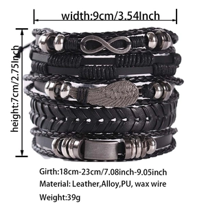 Detail view of multi-layer black leather bracelet set with alloy infinity and wing charms