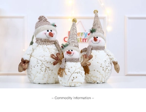 Three-piece plush Christmas snowman set with gold branch patterns and knit hats