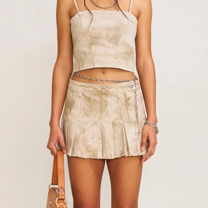 Jupe Plissée En Jean Distressed Pour Femmes Et Top Camisole Acid Wash Style Streetwear Vintage Marron