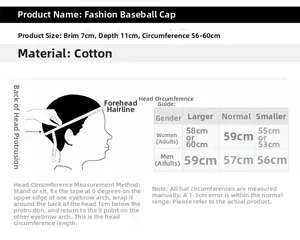 Detailed size guide for corduroy baseball cap with brim depth and circumference dimensions