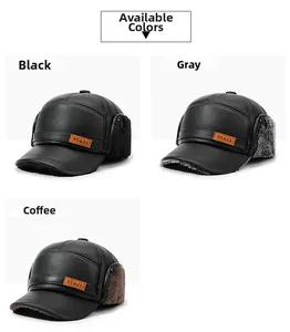 Dettaglio dei cappellini invernali in pelle nei colori nero, grigio e caffè scuro