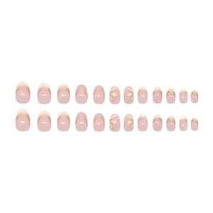French style nude pink press-on nails with 3D gold-rimmed flower designs, 24 pieces set