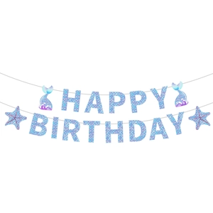 Detail of mermaid birthday banner with blue-purple scale pattern and starfish accents
