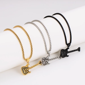 Retro stainless steel guitar pendant necklaces in gold, silver and black finishes