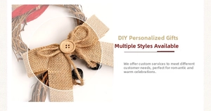Close-up of DIY Christmas wreath detail with burlap bow and rustic wooden button