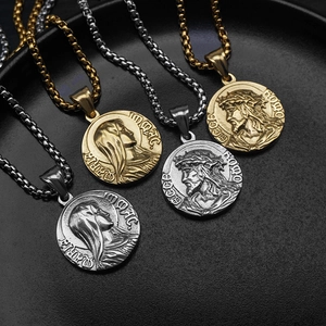 Retro Greek Mythology Round Pendant Necklace Titanium Steel Religious Jesus Relief Medallion Jewelry For Men Women