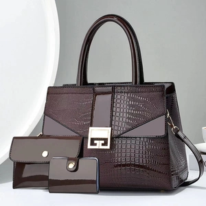 Three-piece set of wine red faux crocodile leather handbags with gold hardware buckle