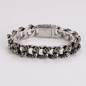Vintage punk men's double-row skull stainless steel Cuban link bracelet in silver finish