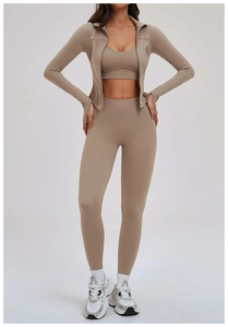Ensemble de yoga 3 pièces avec veste zippée, brassière et legging taille haute en kaki