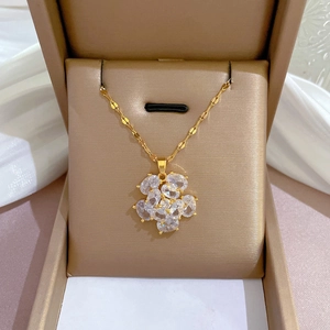 Gold Plated Titanium Steel Necklace Large Flower Pendant With Copper Cubic Zirconia Elegant Floral Jewelry Women
