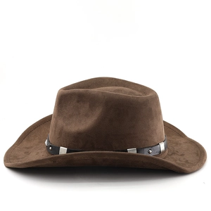 Detail of dark brown faux suede western cowboy hat with metal studded leather band
