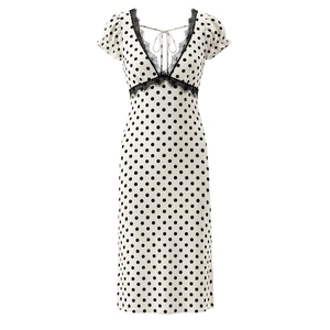 Robe Midi Vintage à Pois pour Femmes Élégante Patchwork de Dentelle Col en V Manches Bouffantes Dos Nu Été