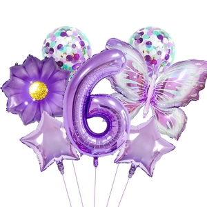 Purple butterfly and sunflower balloon set with number 6 for birthday party decor